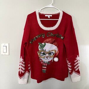 Celebrate Together Meowy Christmas cat design red white knit sweater size L